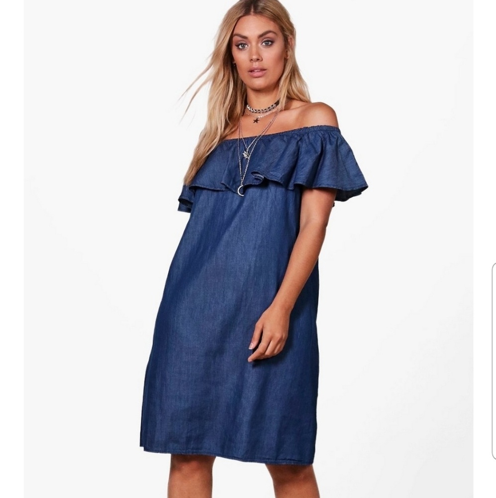 Boohoo Plus size off shoulder jean dress